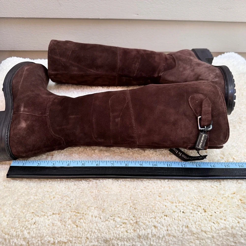 Hand Made in Italy Dark Brown Suede Knee High Riding Boots Lug Sole Women's 39